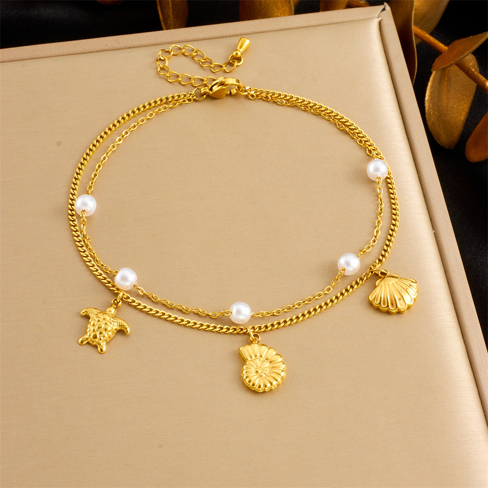 Fashionable And Simple Colorful Fine Glitter Shell Butterfly Double Layered Beach Style Stainless Steel Chain Pearl Starfish Anklet