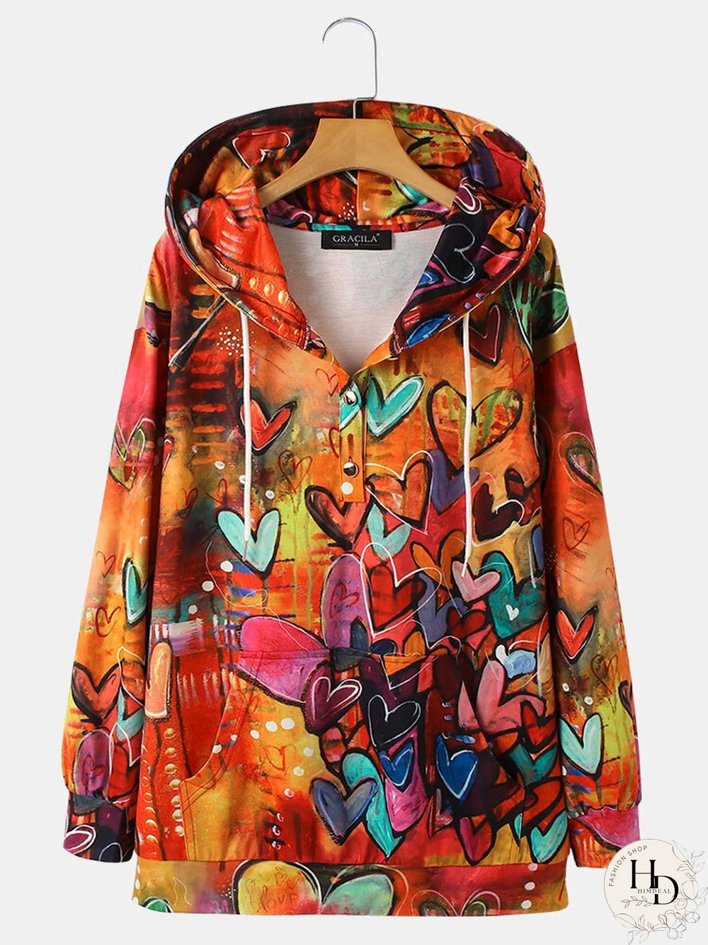 Vintage Heart Printed Long Sleeve Drawstring Hoodie