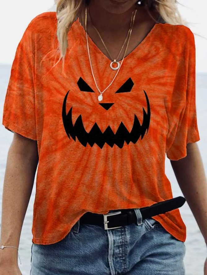 Women's Halloween Pumpkin Face Tie Dye Print V-Neck Short Sleeve T-Shirt