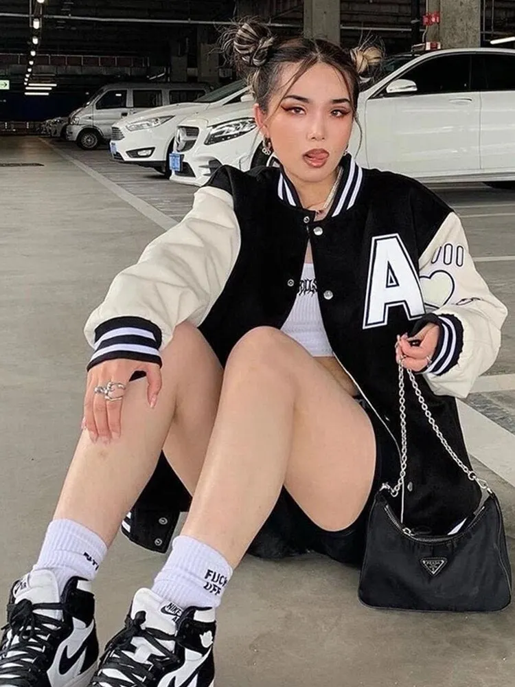WannaThis Cotton Women Pocket Jacket Patchwork Baseball Long Sleeve Button Letter embroidery Harajuku Fashion Autumn Jacket 2021