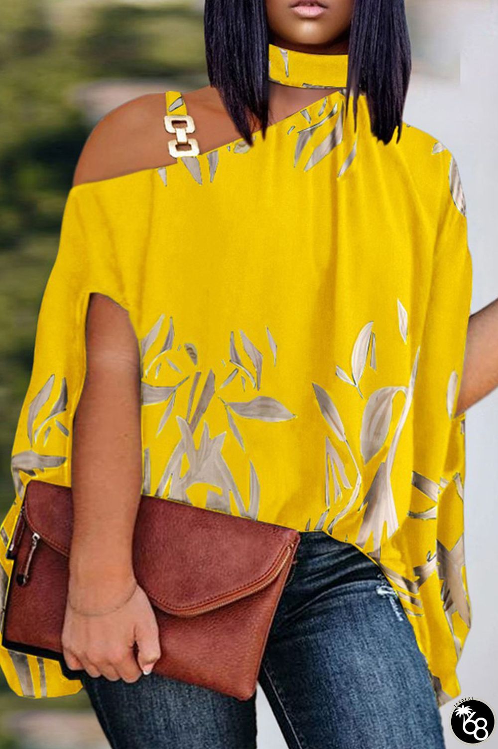 Yellow Casual Print Patchwork Asymmetrical Collar Plus Size Tops | 168DEAL