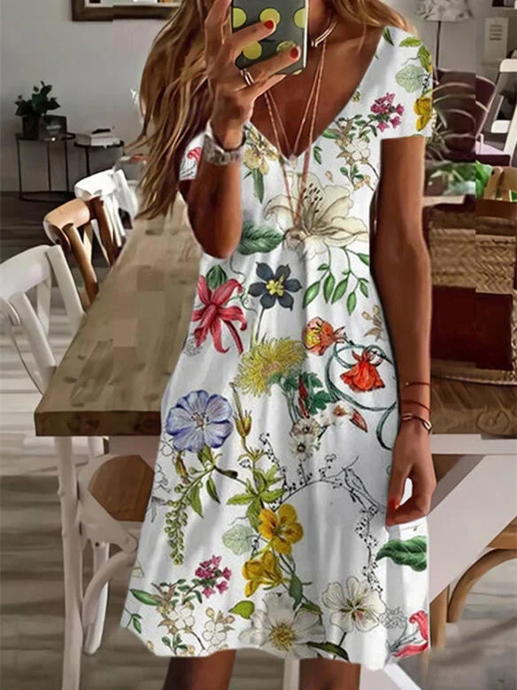 Women's V Neck Short Sleeve Floral Print Dress