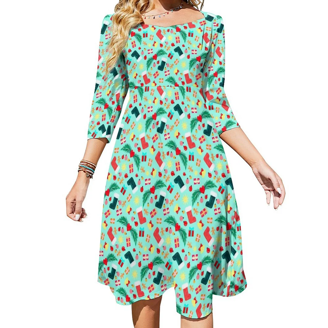 Cute Sea Green Christmas Pattern Colorful Holiday Dress Sweetheart Tie Back Flared 3/4 Sleeve Midi Dresses