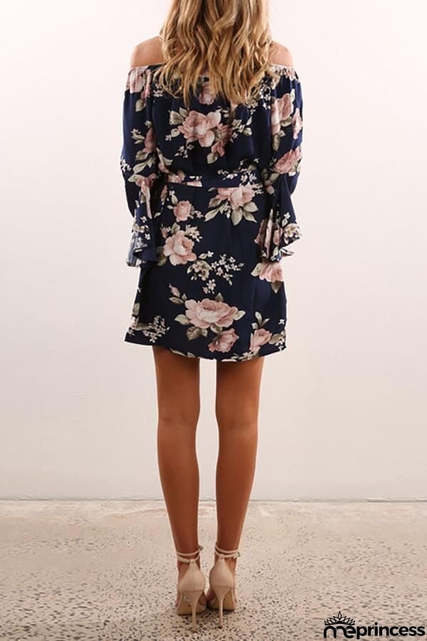 Bateau Neck Floral Printing Mini Dresses