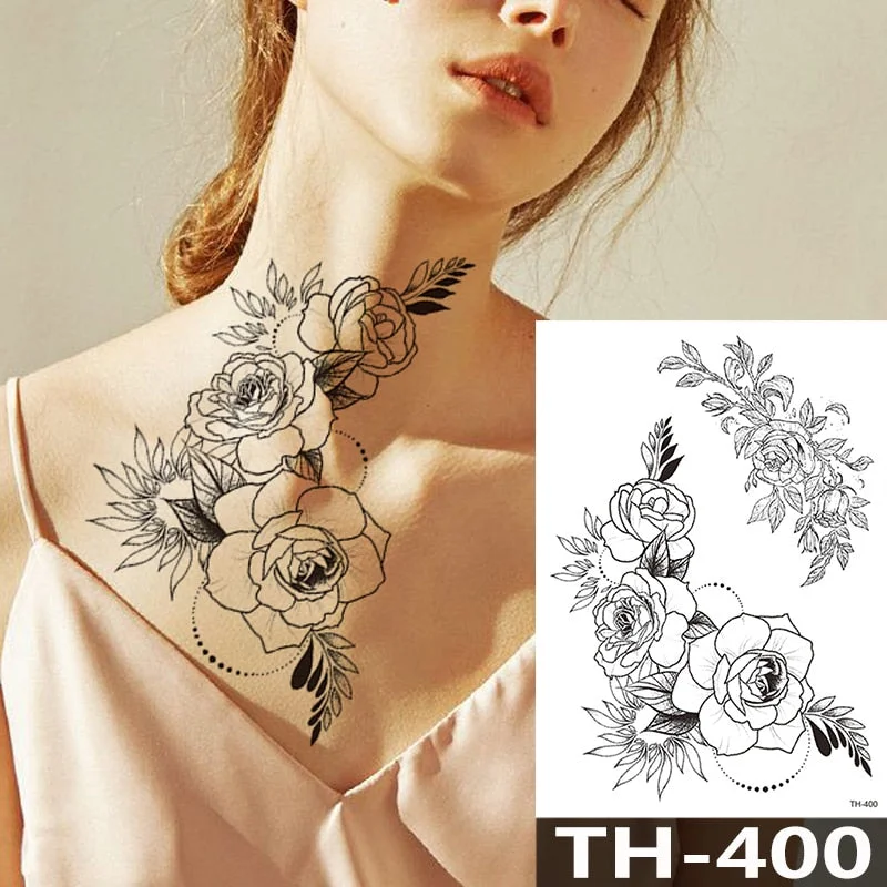 Rose Peony Flower Girls Temporary Tattoos For Women Waterproof Black Tattoo Stickers 3D Blossom Lady Shoulder DIY Tatoos