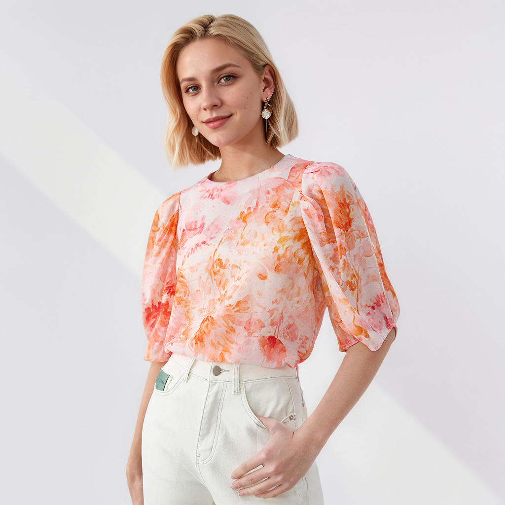 Chiffon Pink Silk Blouse with Vivid Floral Prints for Summer Outings REAL SILK LIFE