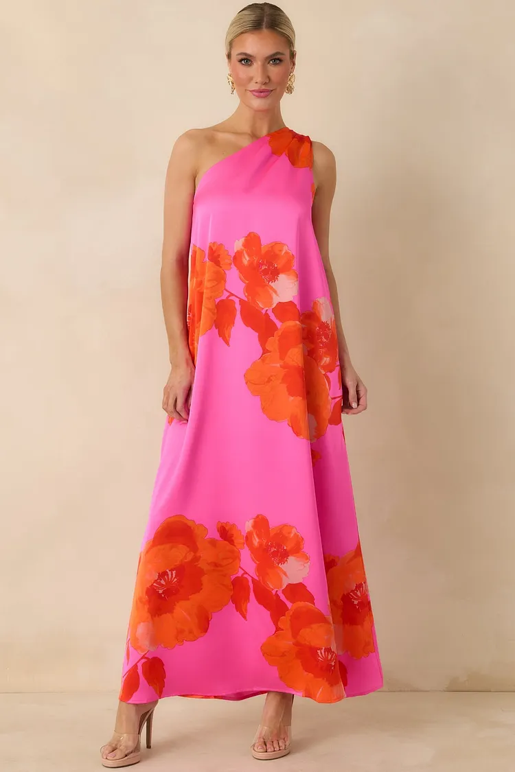 No Introduction Pink Multi Floral Print Satin One Shoulder Maxi Dress