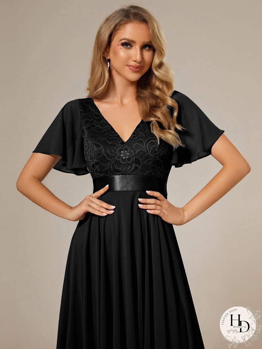 V-Neck Asymmetrical Dress with Short Sleeves