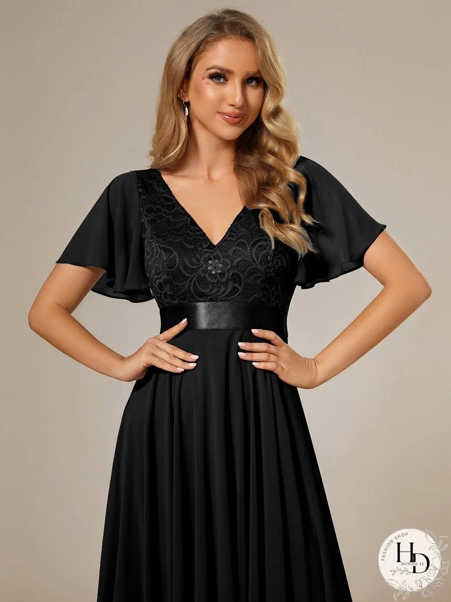 V-Neck Asymmetrical Dress with Short Sleeves