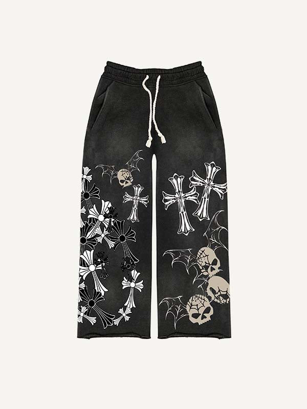 Vampire Fangs&Skull&Wing&Cross Faux Rhinestones Print Elastic Waist Pants