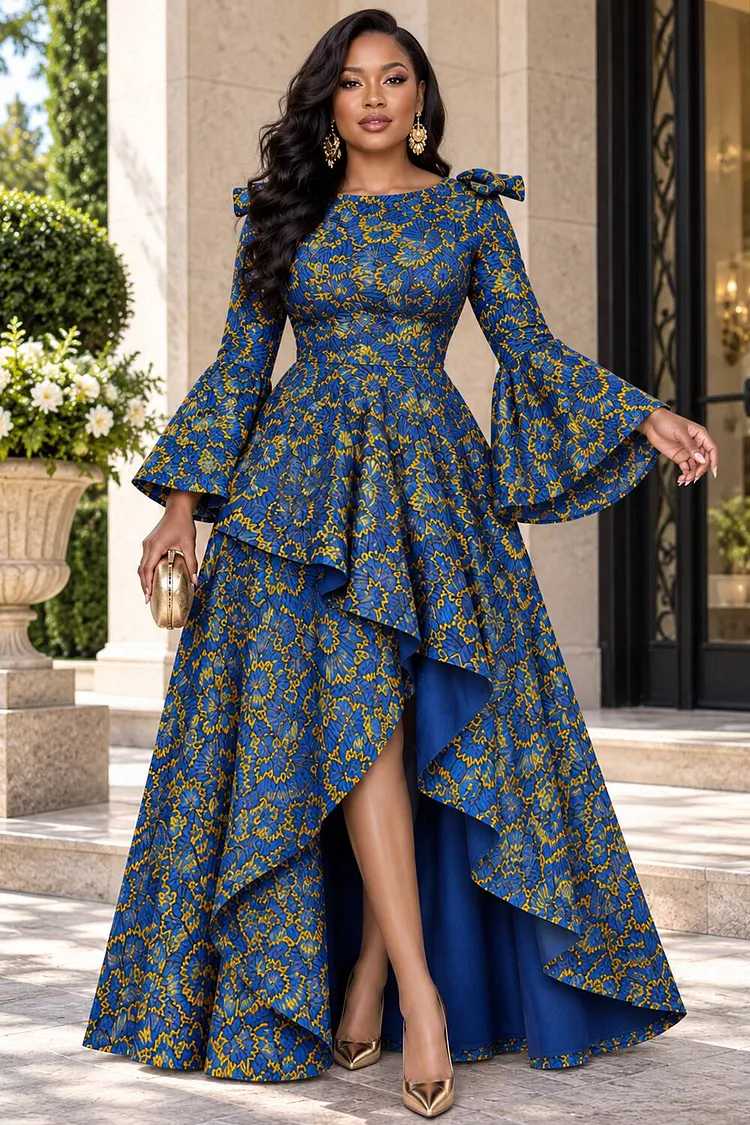 Xpluswear Design Plus Size Formal Navy Blue Graphic Round Neck Flare Long Sleeve Bow Tie Crossover Hem Satin Maxi Dresses [Pre-Order] 2024 - Xpluswear