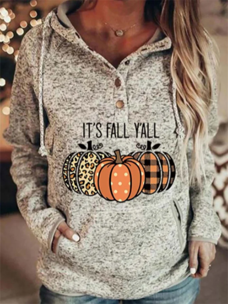 It's Fall Y'all Leopard Plaid Pumpkins Button Up Hoodie