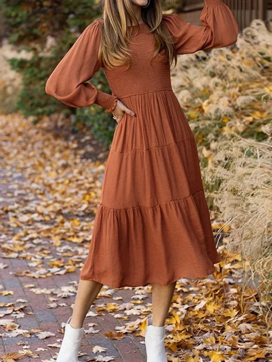 Women's Dresses Solid Color Crew Neck Balloon Sleeve Midi Dress