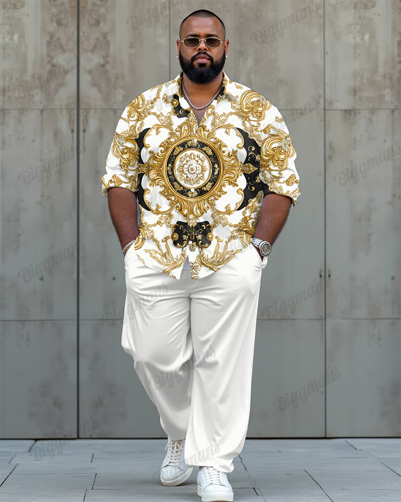 Luxury Baroque Style Printed Long Sleeve Lel Shirt 2 Piece Set Men's Plus Size