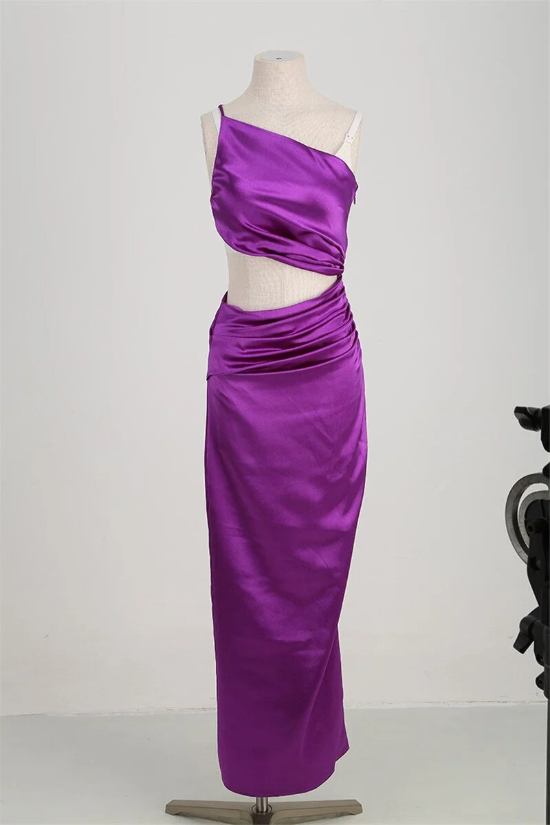 One Shoulder Diagonal Collar Maxi Women Dress Hollow Out Ruched Split  Robe Celebrity Evening Party Clubwear Dresses