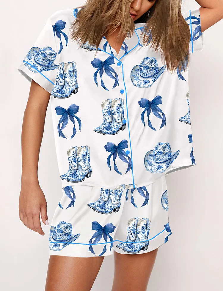 Women's Blue Chinoiserie Cowgirl Blue Toile Bow & Boots Blue And White Western Short Sleeve Satin Pajama Set