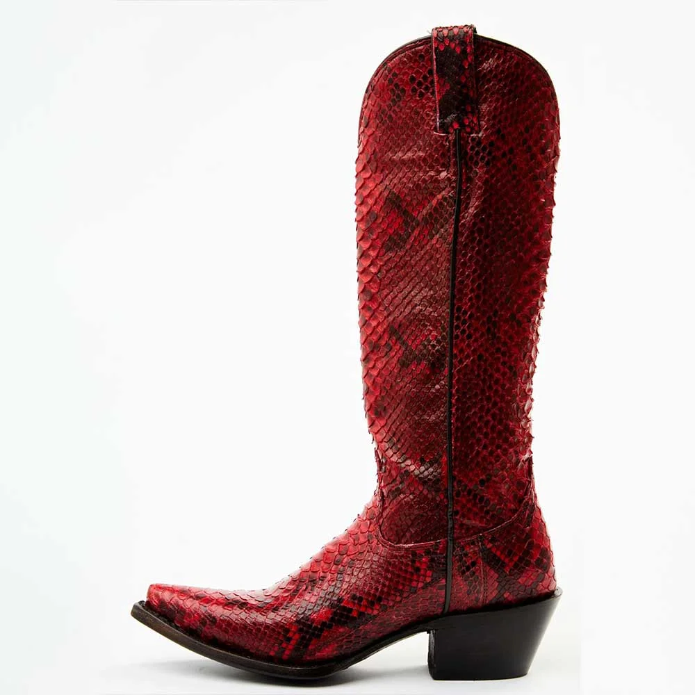 Red Distressed Snip Toe Python Knee Cowgirl Boots with Chunky Heels Nicepairs