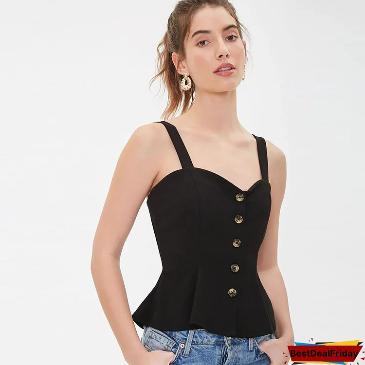 Ladies Sexy Sling Slim Top Fashion Outer Wear Sleeveless Button Racer Black Vest Casual Camis