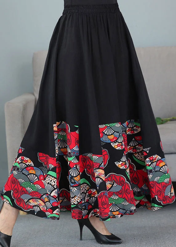 Women Black Print Elastic Waist Patchwork Cotton Skirts Fall