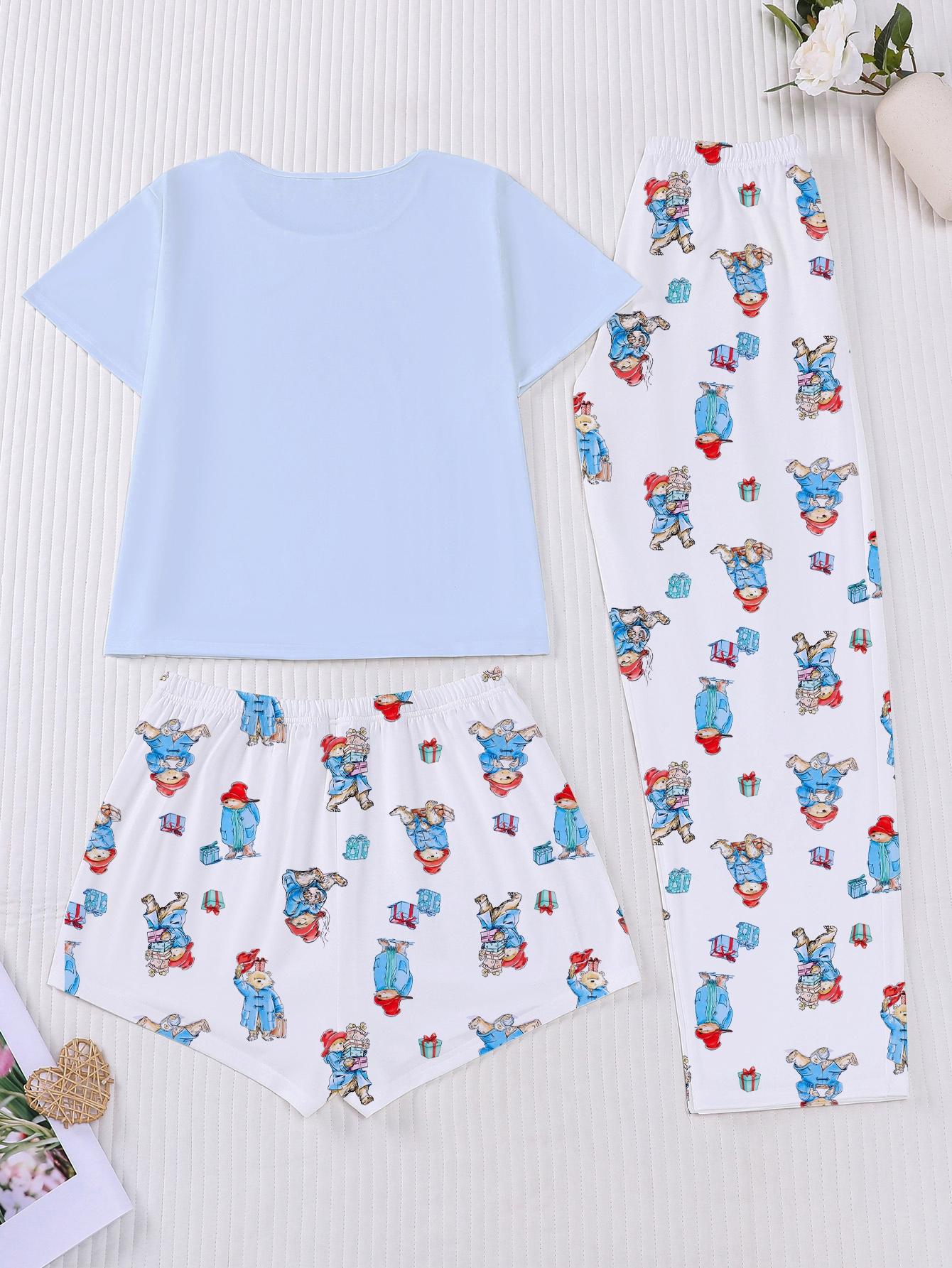 3-Piece Casual Women Pjs Pajama Set with Padding Bear Print, Short Sleeve Button-Up Top and Loose Shorts and Long Pants, Stylish Comfortable Sleepwear & Loungewear for Everyday and Holiday