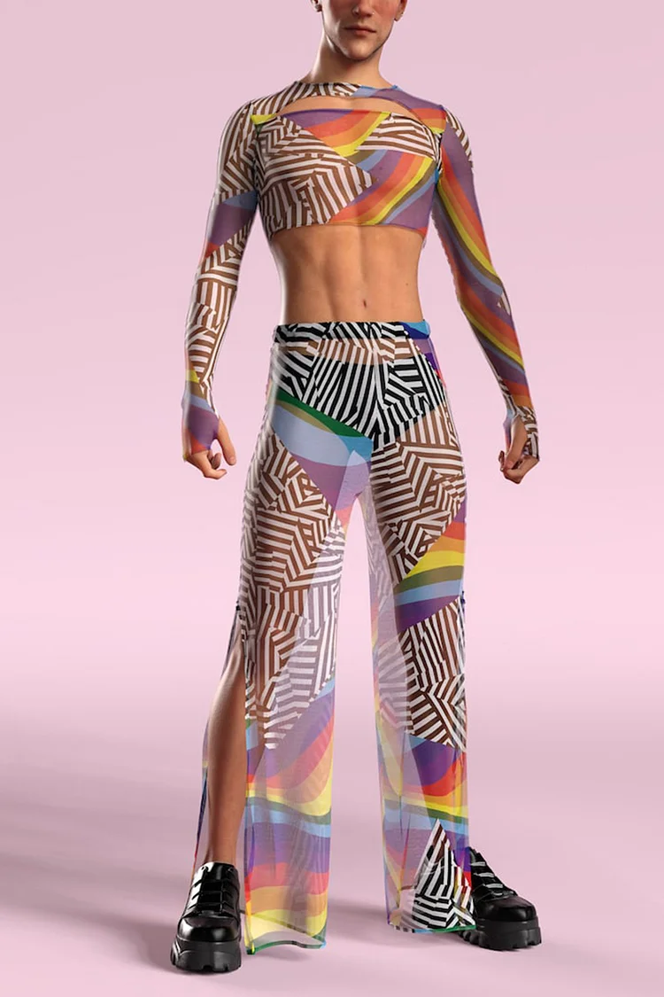 Ciciful Rainbow Striped Print Mesh See-Through Long Sleeve Crop Top Pants Two Piece Set