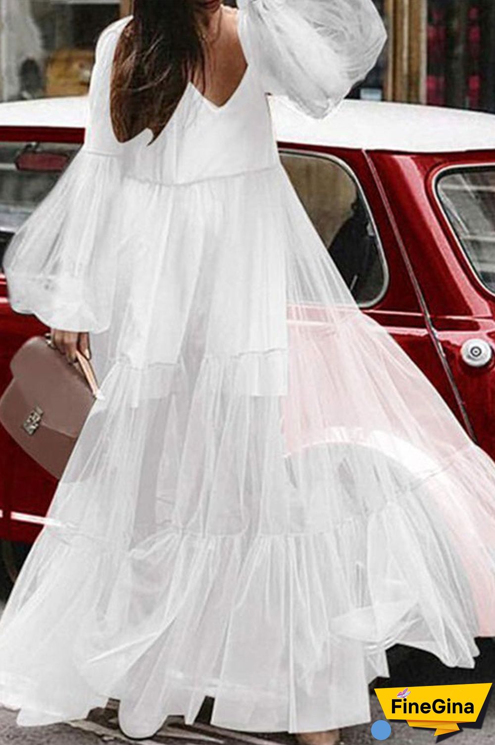 V-neck Bubble Sleeve Mesh Ruffled Dress