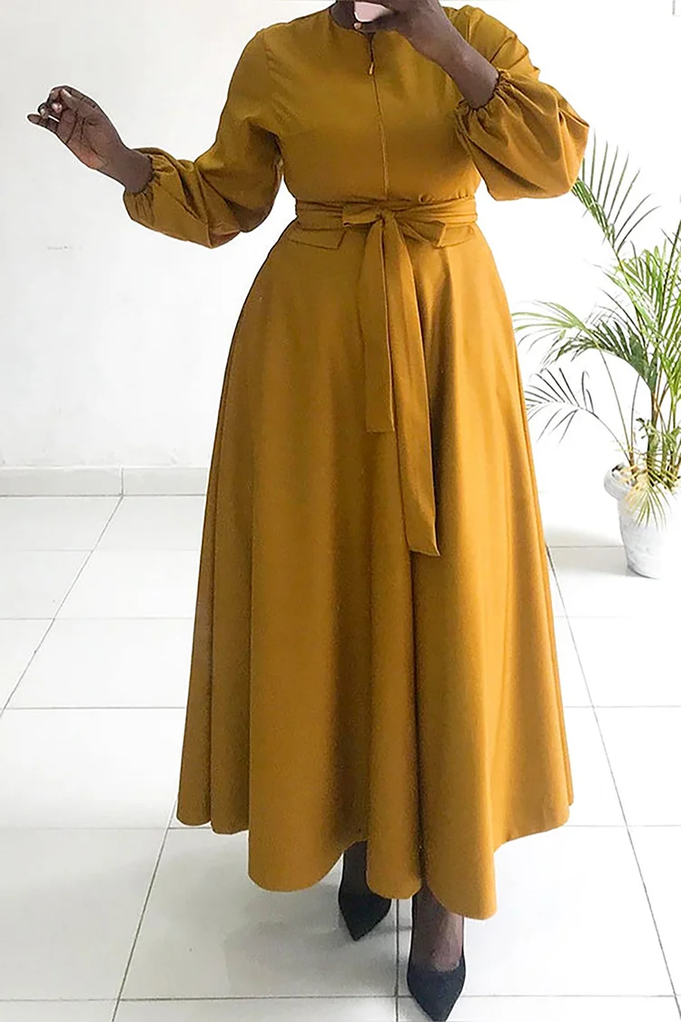 Plus Size Formal Maxi Dresses Elegant Yellow Fall Winter Crew Neck Lantern Sleeve 3/4 Sleeve Maxi Dresses [Pre-Order]