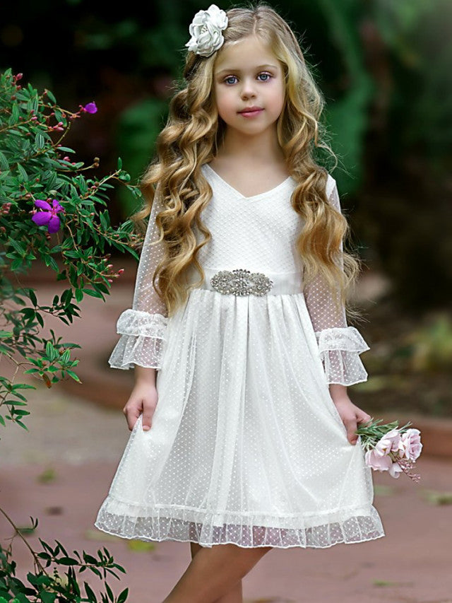 Oknass  A-Line Long Sleeve Jewel Neck Flower Girl Dresses  Tulle  With Solid