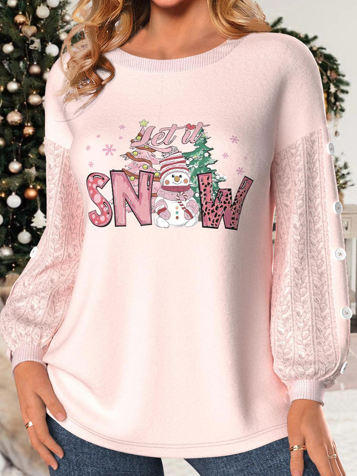 Women's Long Sleeve Scoop Neck Graphic Printed Buttons Top