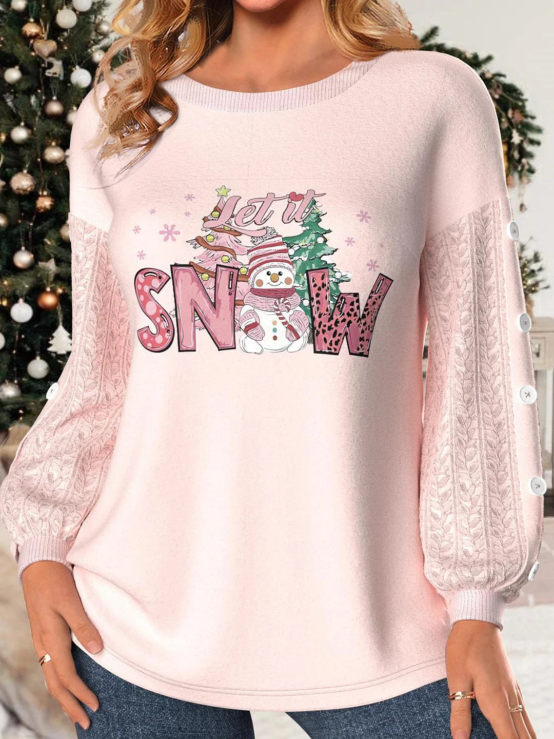 Women's Long Sleeve Scoop Neck Graphic Printed Buttons Top