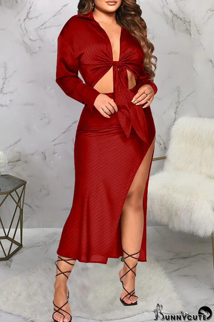 Burgundy Fashion Sexy Solid Bandage Slit Turndown Collar Long Sleeve Two Pieces