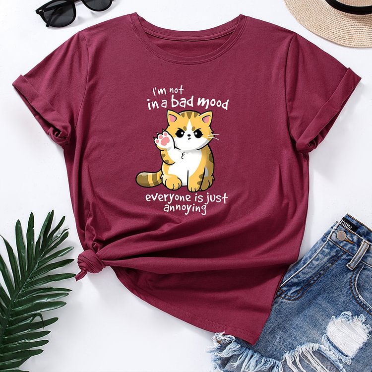 Women T-Shirts Cotton Short Sleeve Graphic Tees Female Shirt Summer Tops Funny Animal Cat Printed I'm Not In A Bad Mood Tee