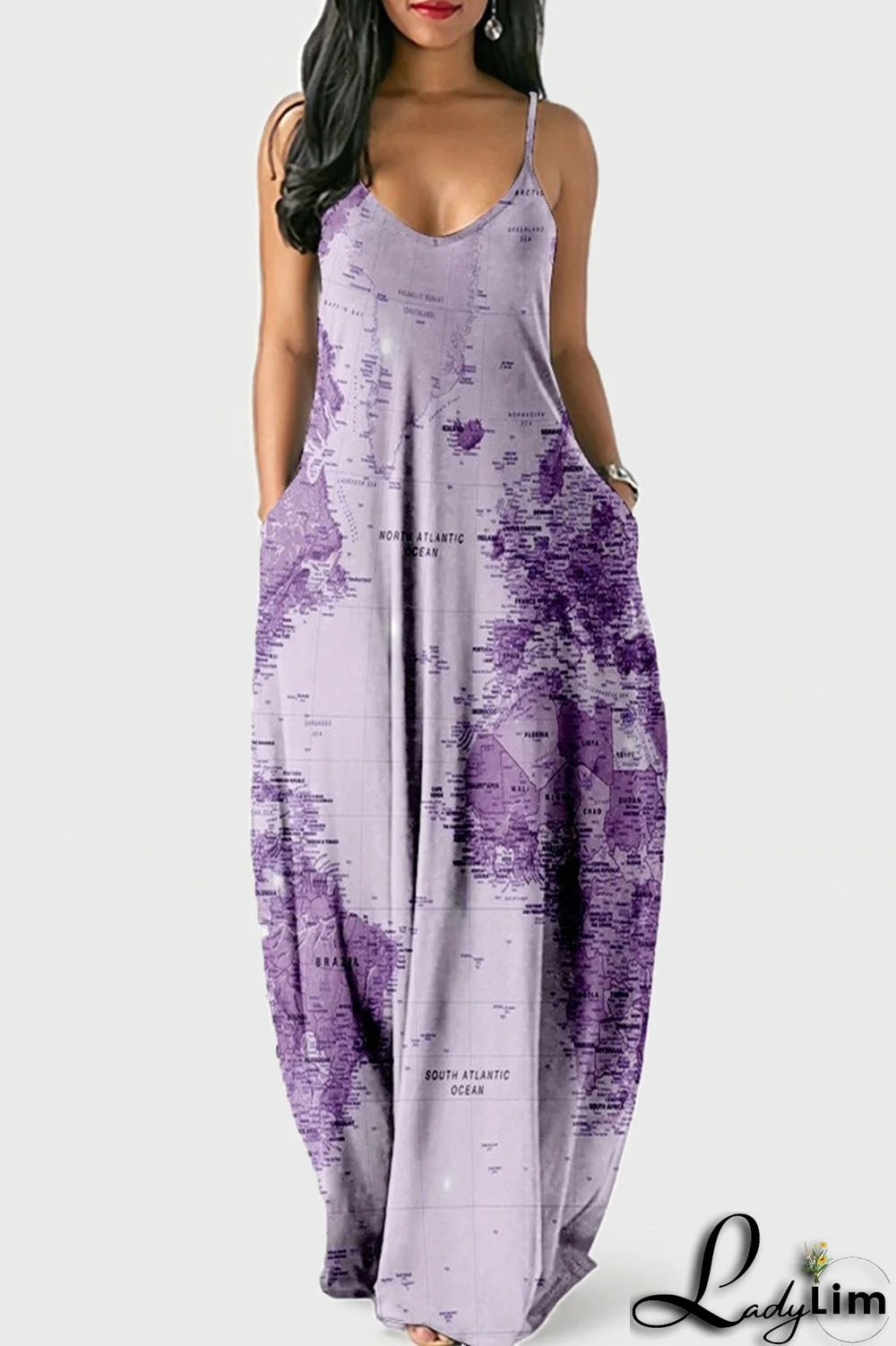 White Blue Fashion Sexy Print Backless Spaghetti Strap Long Dress