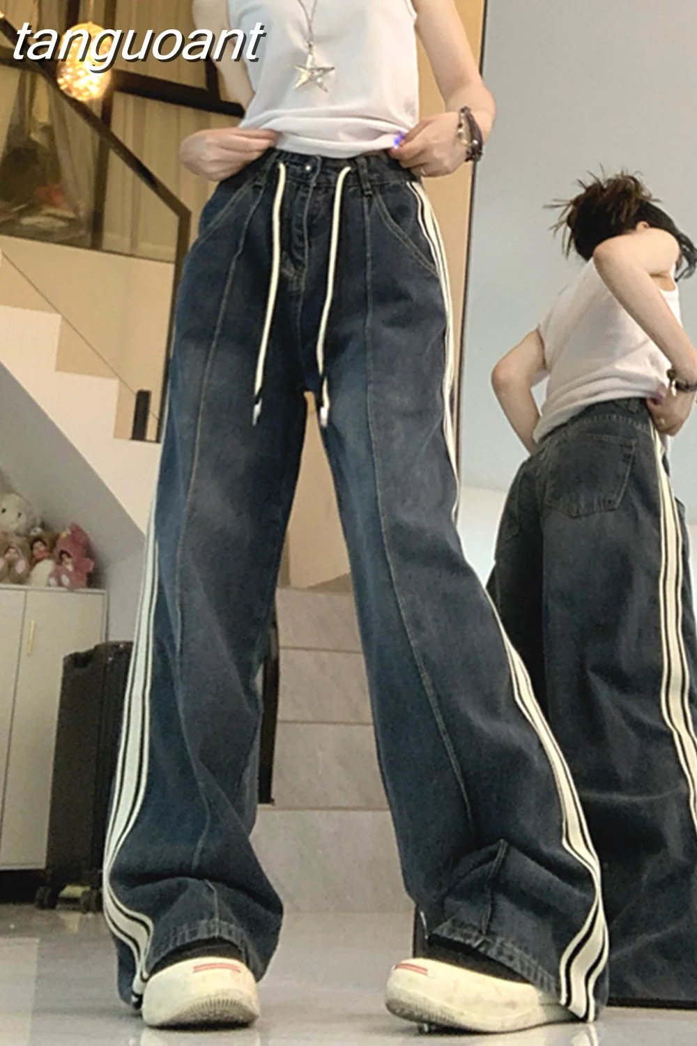 tanguoant Style Blue Straight Vintage Striped Jeans Pants Korean Style Women's Wide Leg Baggy Y2K Full Length Denim Trouser