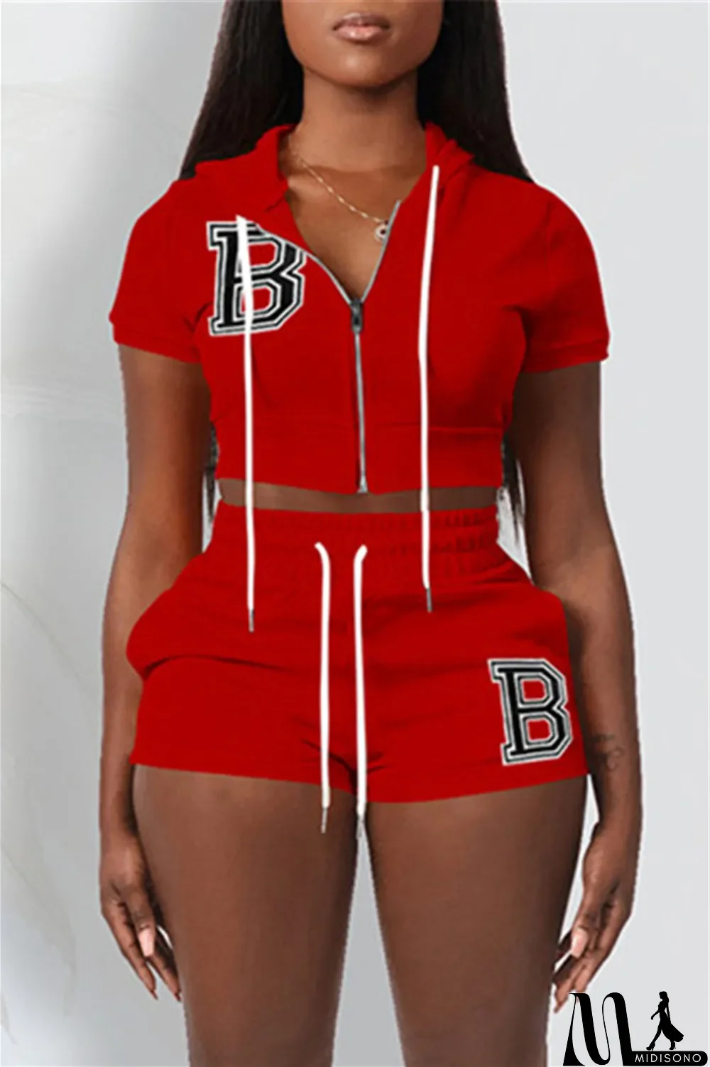 MidiSono - Red Fashion Casual Letter Solid Embroidered Hooded Collar Short Sleeve Two Pieces