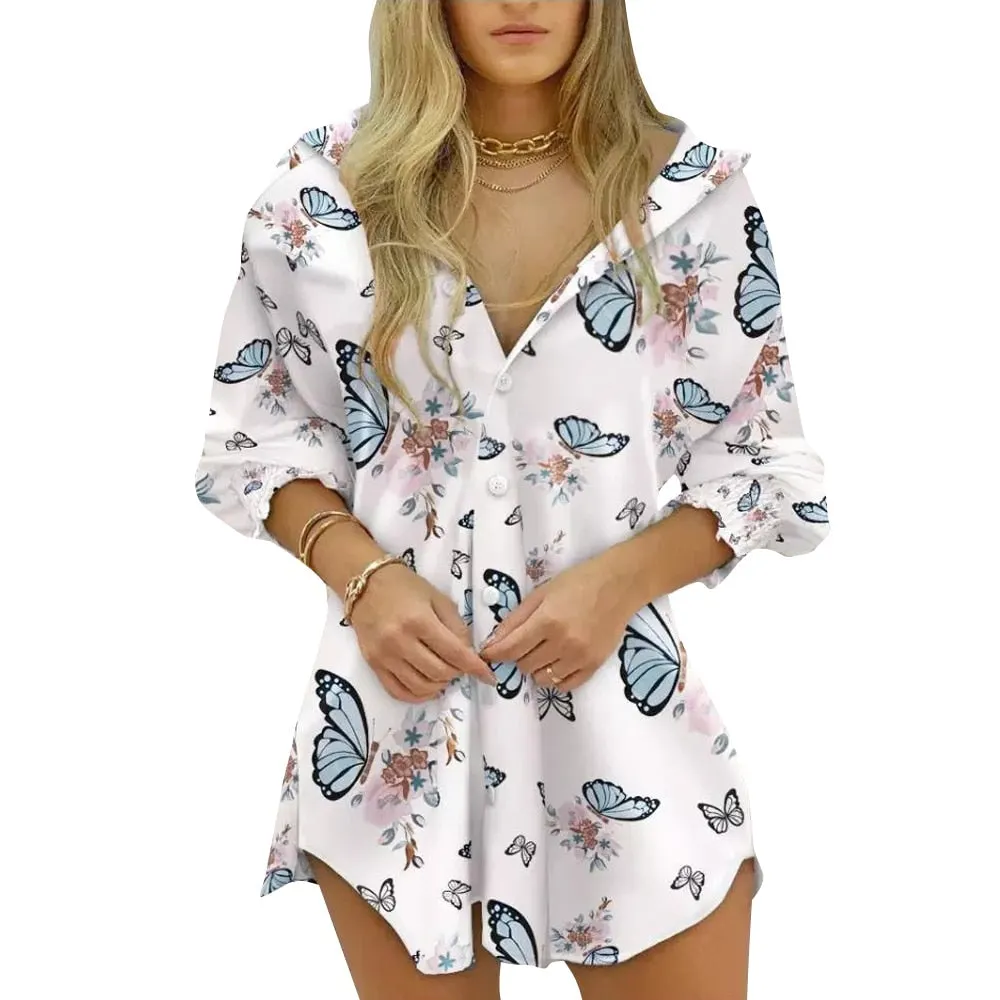 Women Beach Print Shirt Stand Collar T Shirt Streetwear Half Sleeve Button Casual Camisa Ladies Leisure Fashion Slim Tops D30