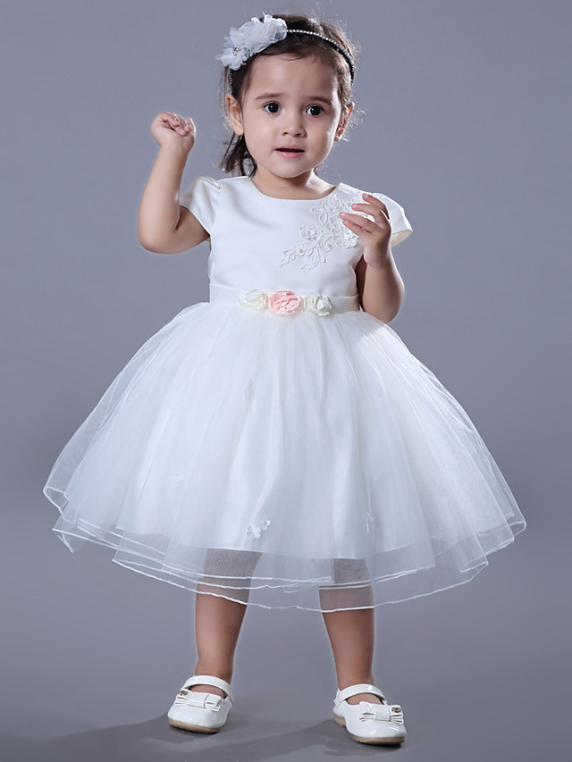 Beautiful Short Sleeve Jewel Ball Gown Medium Length Flower Girl Dress Satin Tulle With Beadings Embroidery - lulusllly