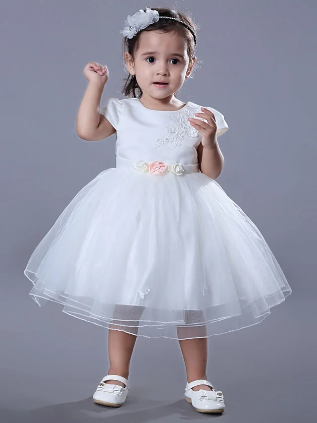 Bellasprom Short Sleeve Jewel Ball Gown Medium Length Flower Girl Dress Satin Tulle With Beadings Embroidery