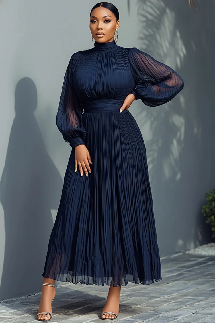 knee length dresses for ladies Berylove Women Maxi Mother Dress Plus Size Sparkly Navy A Line V Neck Wedding Party Guest Dress with Long Sleeves, Navy / 3XL