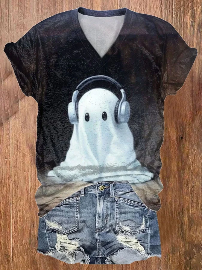 Women's Cute Ghost Print V Neck T-shirt