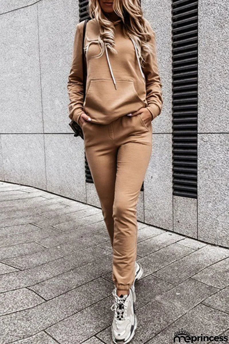Casual Solid Pocket Hooded Collar Long Sleeve Two Pieces