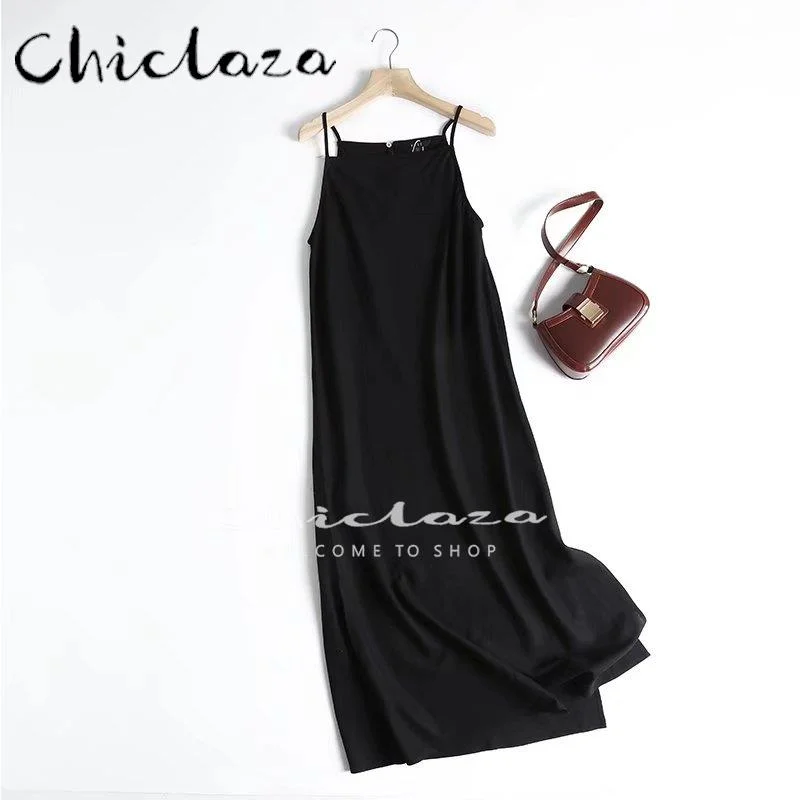 Summer Women Fashion Sleeveless Linen Slip Party Dresses Female Slim Solid Color Simple Casual Midi Dress
