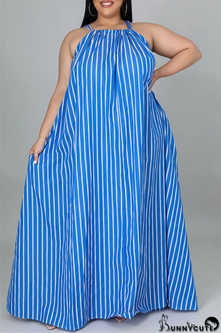 Dark Blue Fashion Casual Plus Size Striped Print Backless O Neck Sleeveless Dress