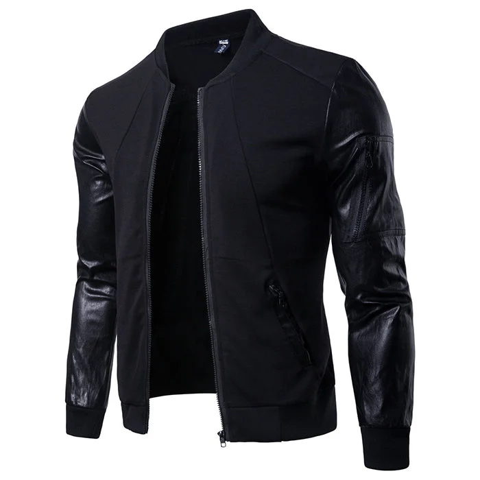 Fashion Standing Collar Split Joint Men's Leather  Coat