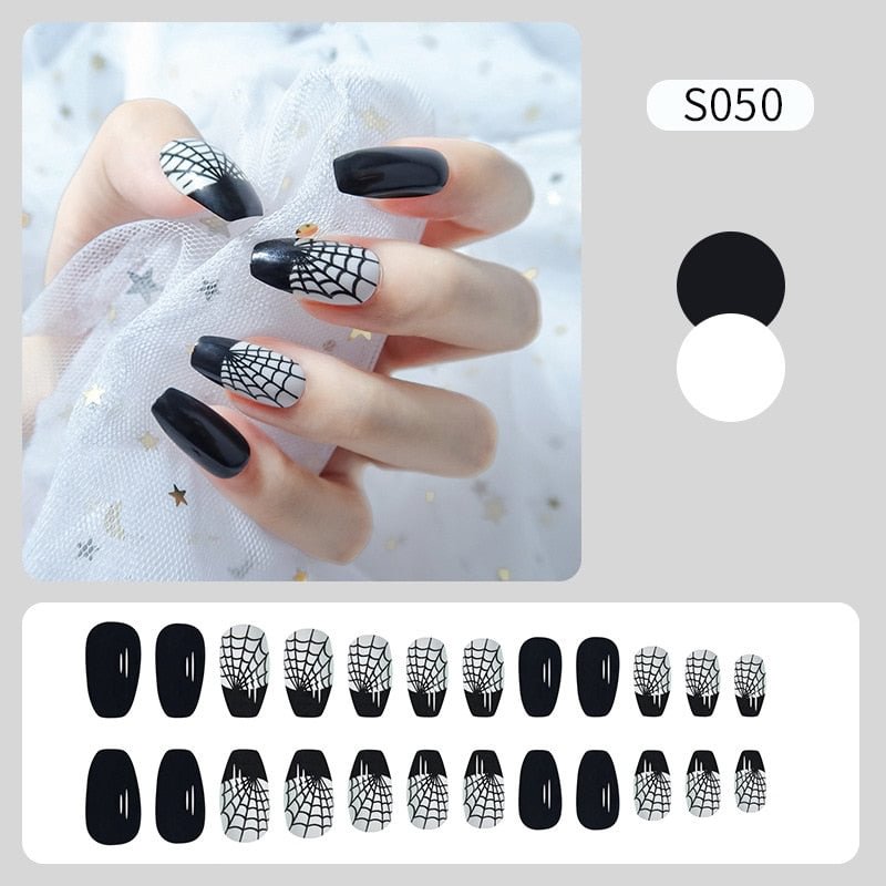 24Pcs Halloween False Nails With Spider Ghost Blood Skeleton Design Almond Press On Nails UV Acrylic Full Cover Manicure Tips