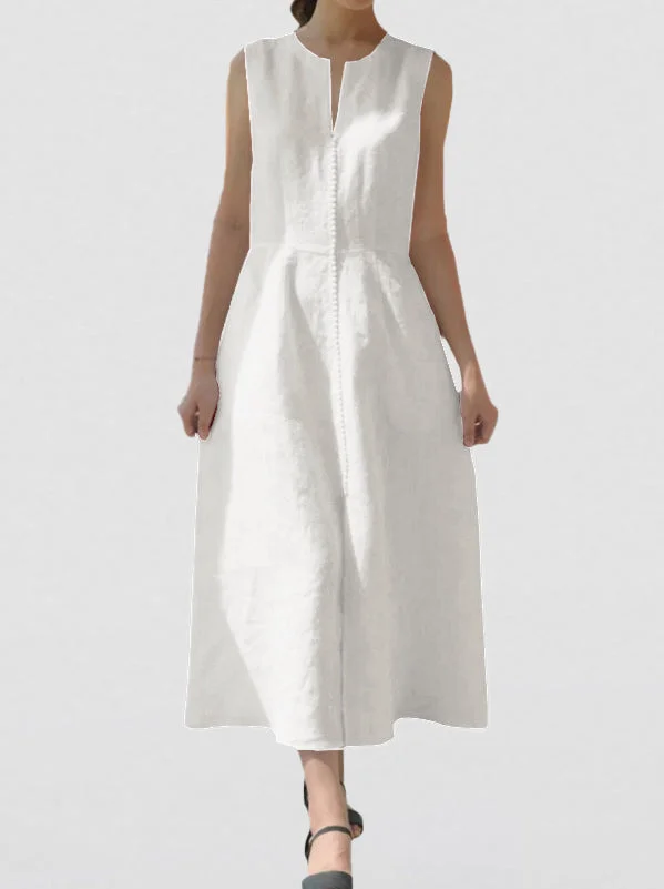 V-Neck Waisted Cotton And Linen Hem Slit Sleeveless Dress