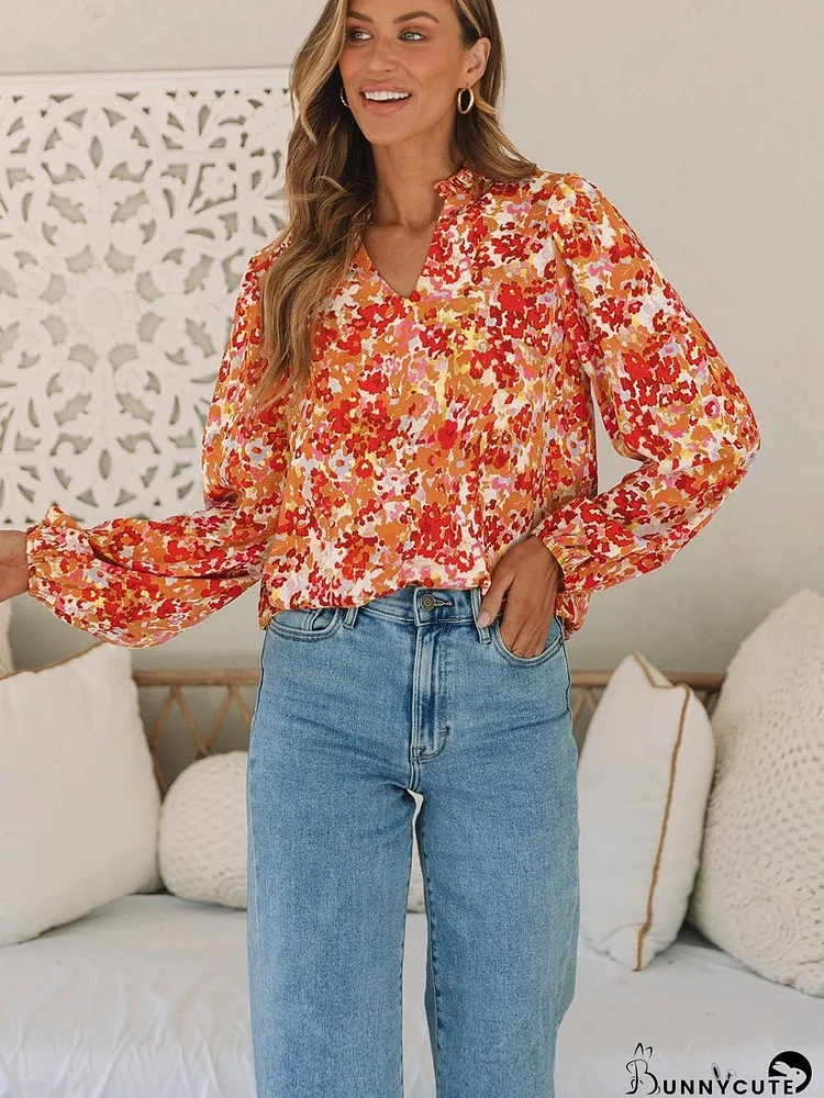 Citrus Blossom Ruffled V-Neck Bubble Sleeve Blouse
