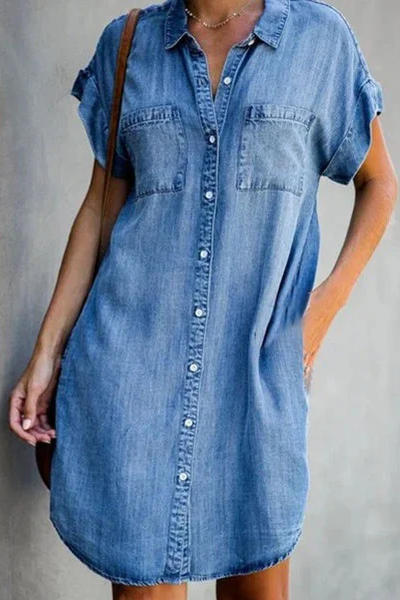KarliDress Collar Plain Short Sleeve Denim Shirt Dresses P12472