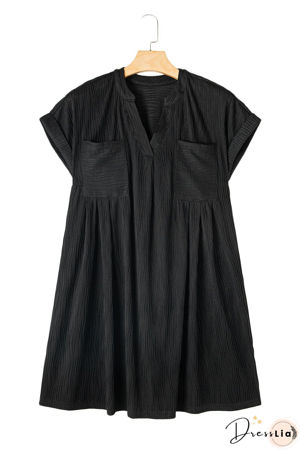 Black Textured V Neck Short Sleeve Pockted Mini Dress