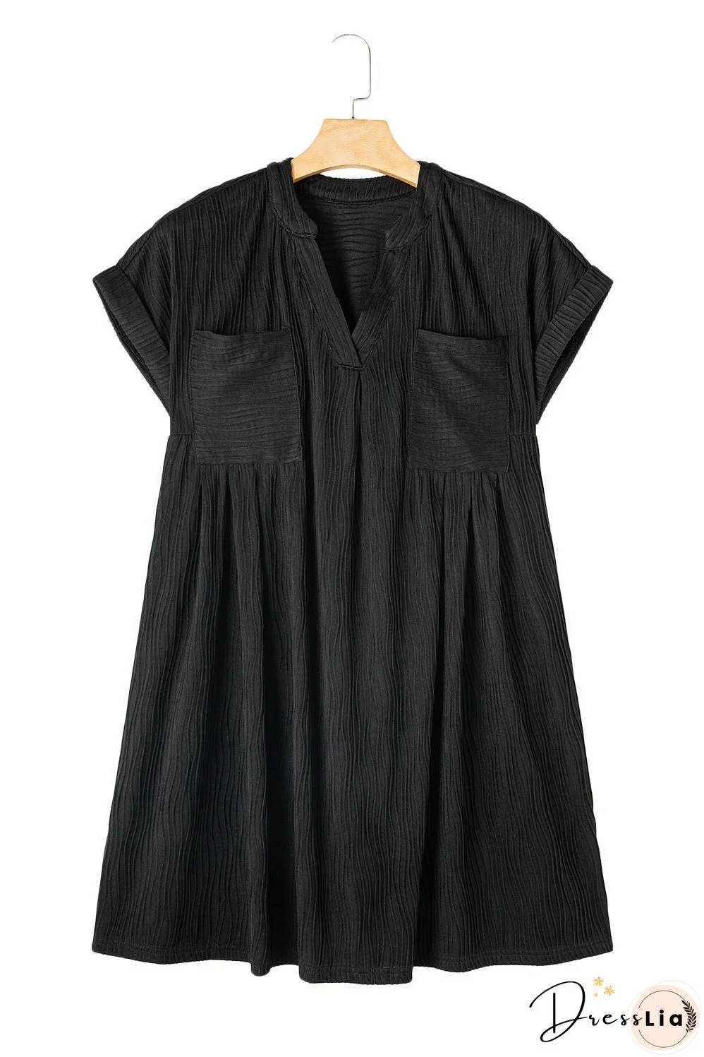 Black Textured V Neck Short Sleeve Pockted Mini Dress